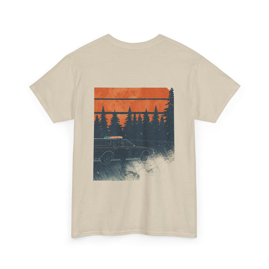 Vintage Forest Drive T-Shirt — Retro Sunset Car Tee